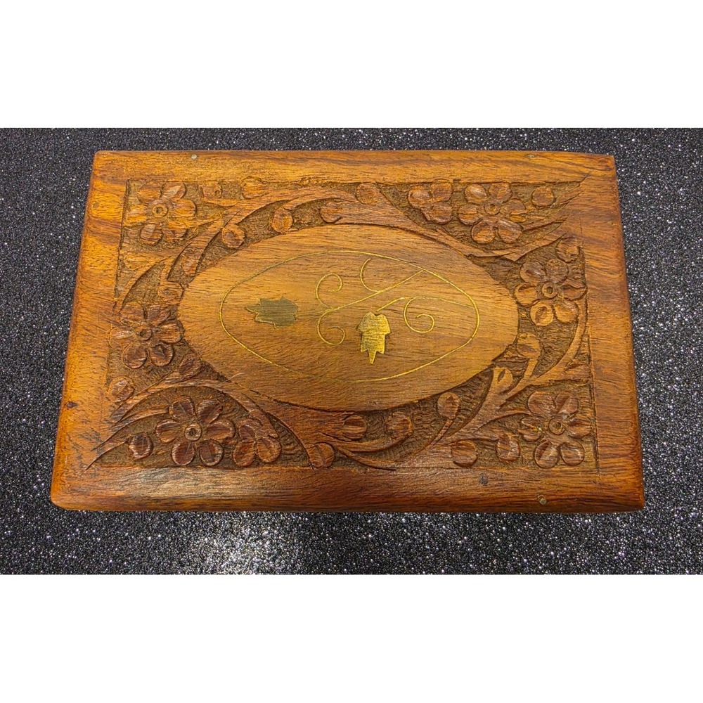 Vintage Hand Carved Wooden Jewelry Box Brass Inlay Floral Design‎ Made in India